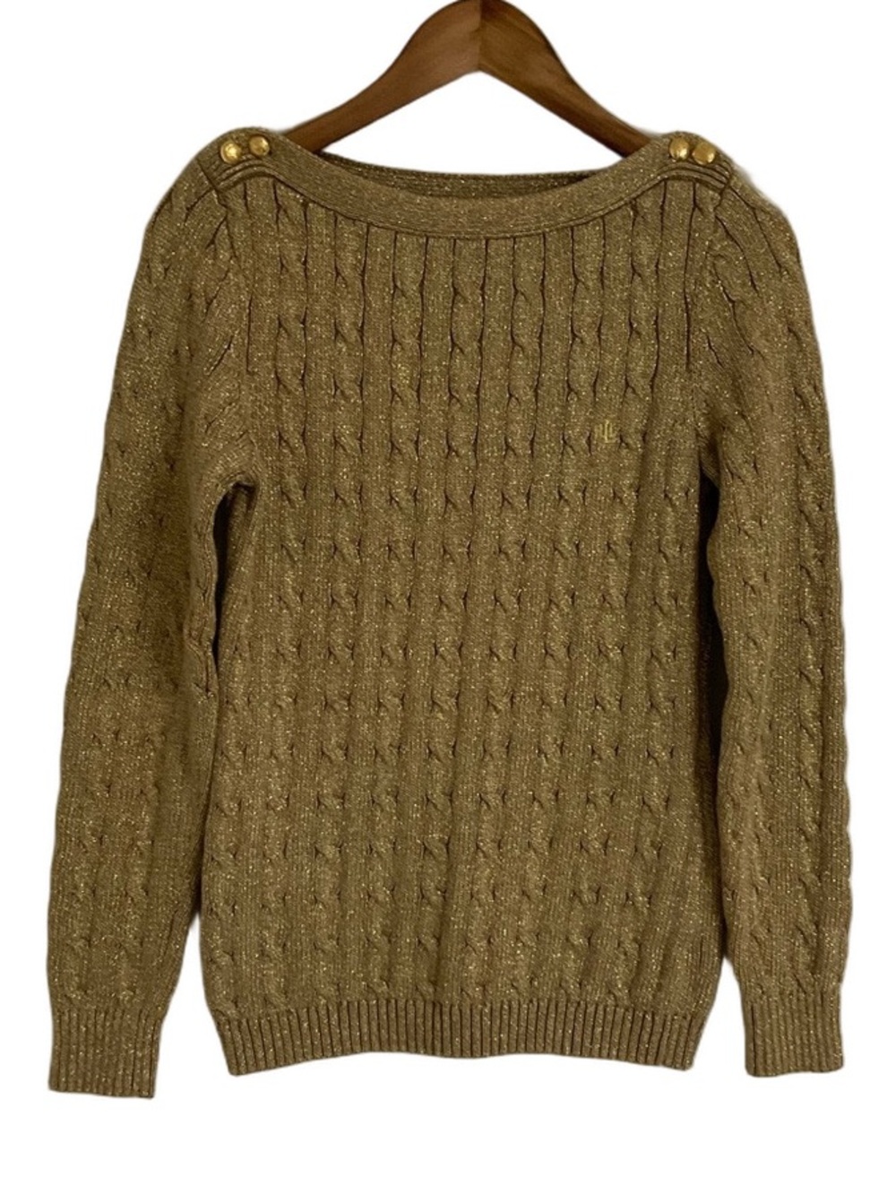 Lauren Ralph Lauren Metallic Gold Cable-Knit Boatneck Sweater Size Medium